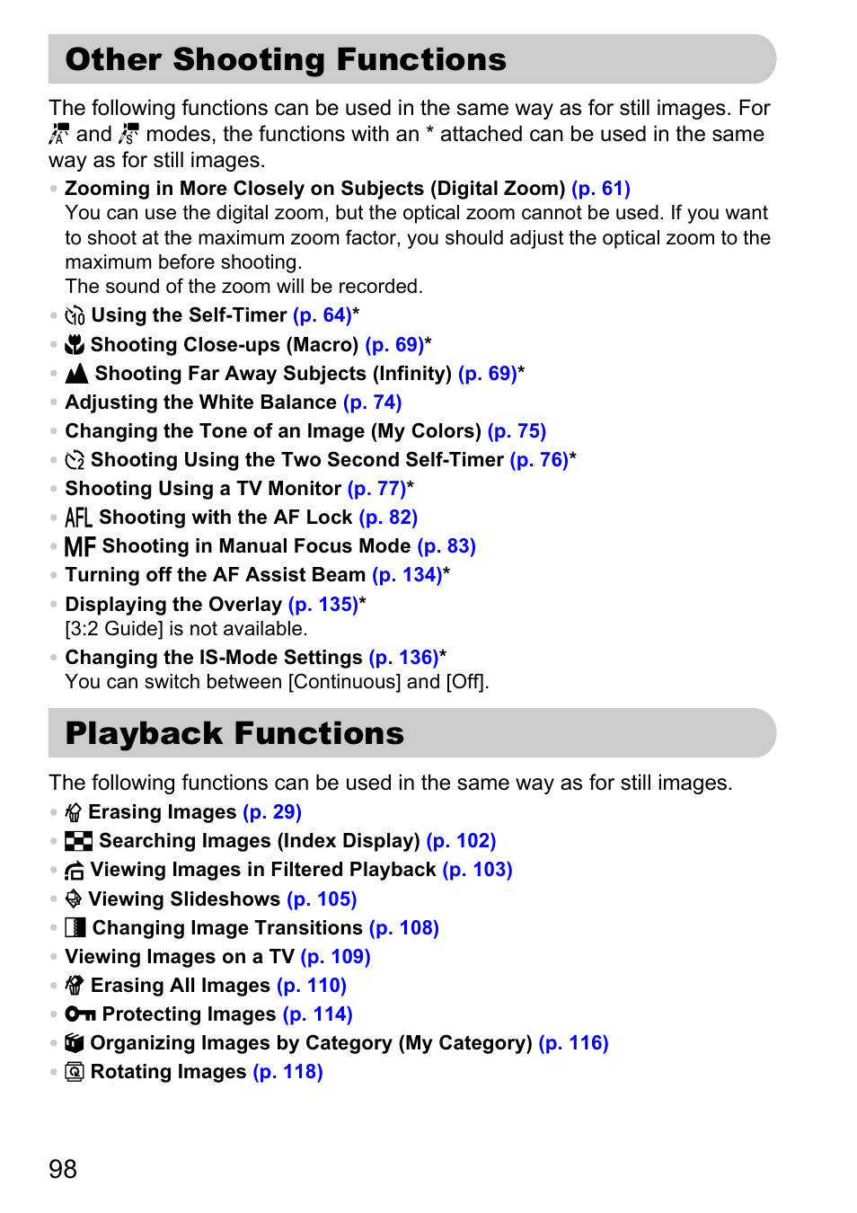 Other shooting functions, Playback functions, Other shooting functions playback functions | Canon D10 User Manual | Page 98 / 163