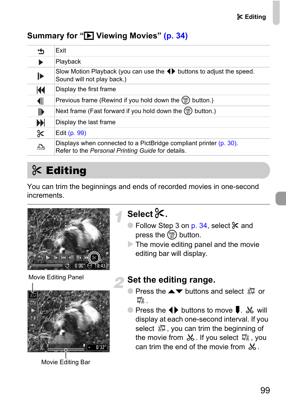 Editing, Select, Set the editing range | Canon D10 User Manual | Page 99 / 163