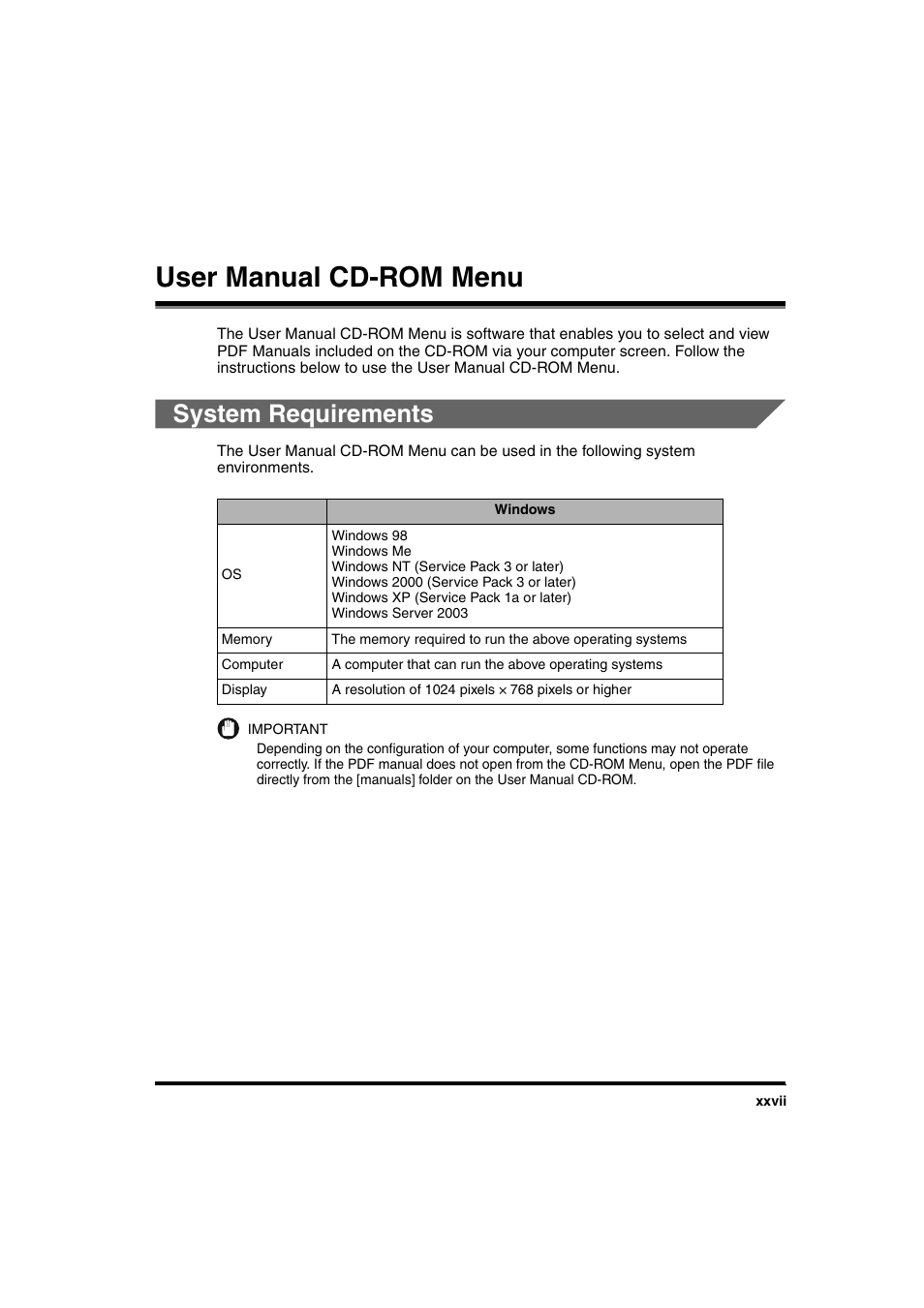 User manual cd-rom menu, System requirements | Canon iR 2016 User Manual | Page 29 / 92