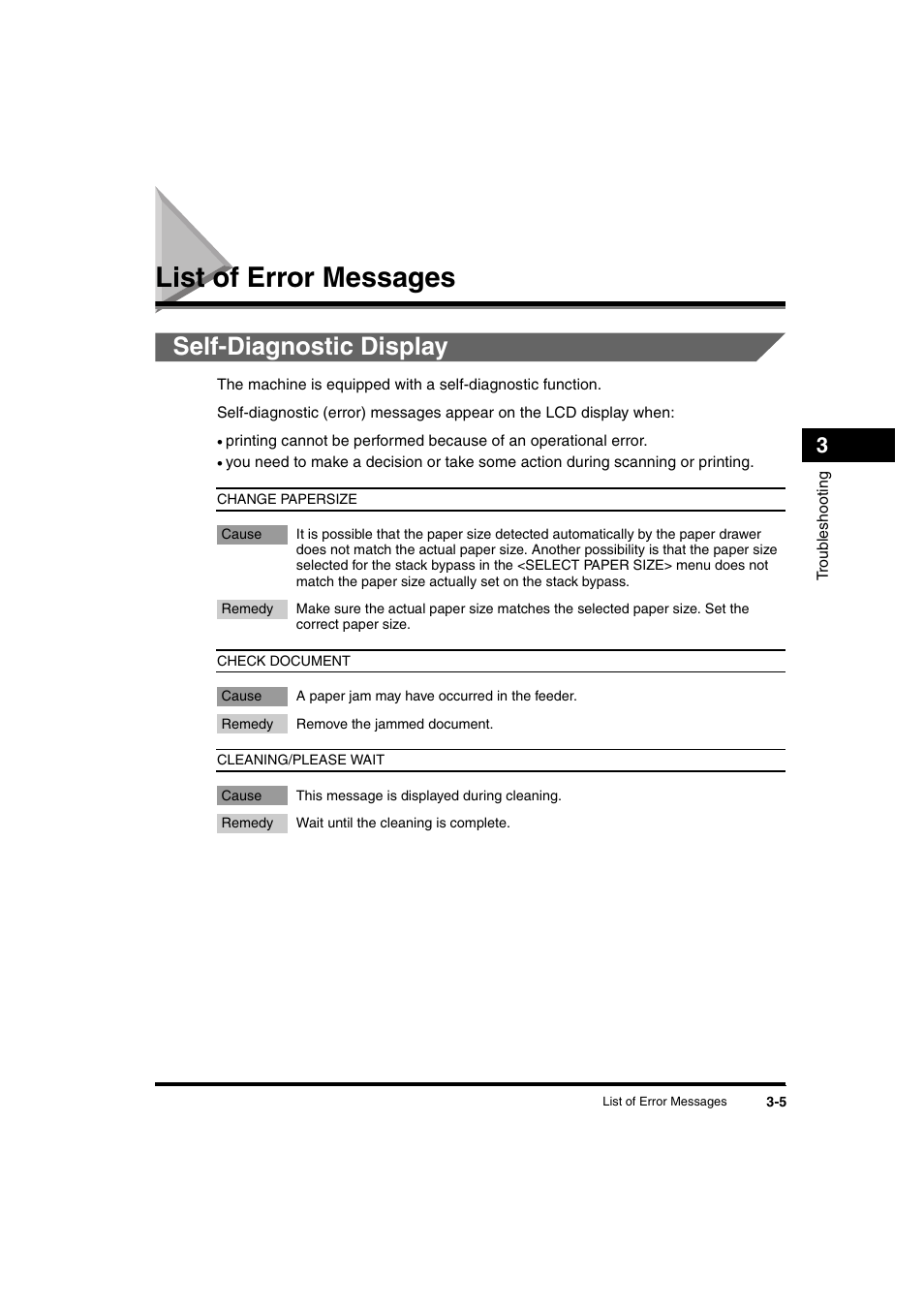 List of error messages, Self-diagnostic display, List of error messages -5 | Self-diagnostic display -5 | Canon iR 2016 User Manual | Page 79 / 92