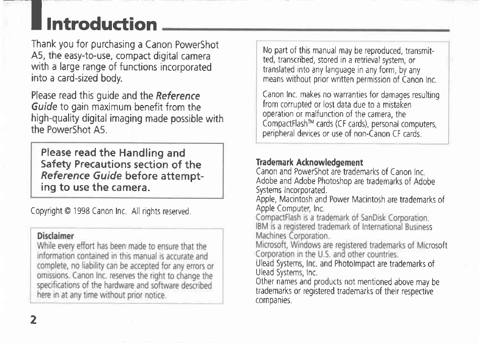 Introduction | Canon A5 User Manual | Page 2 / 51