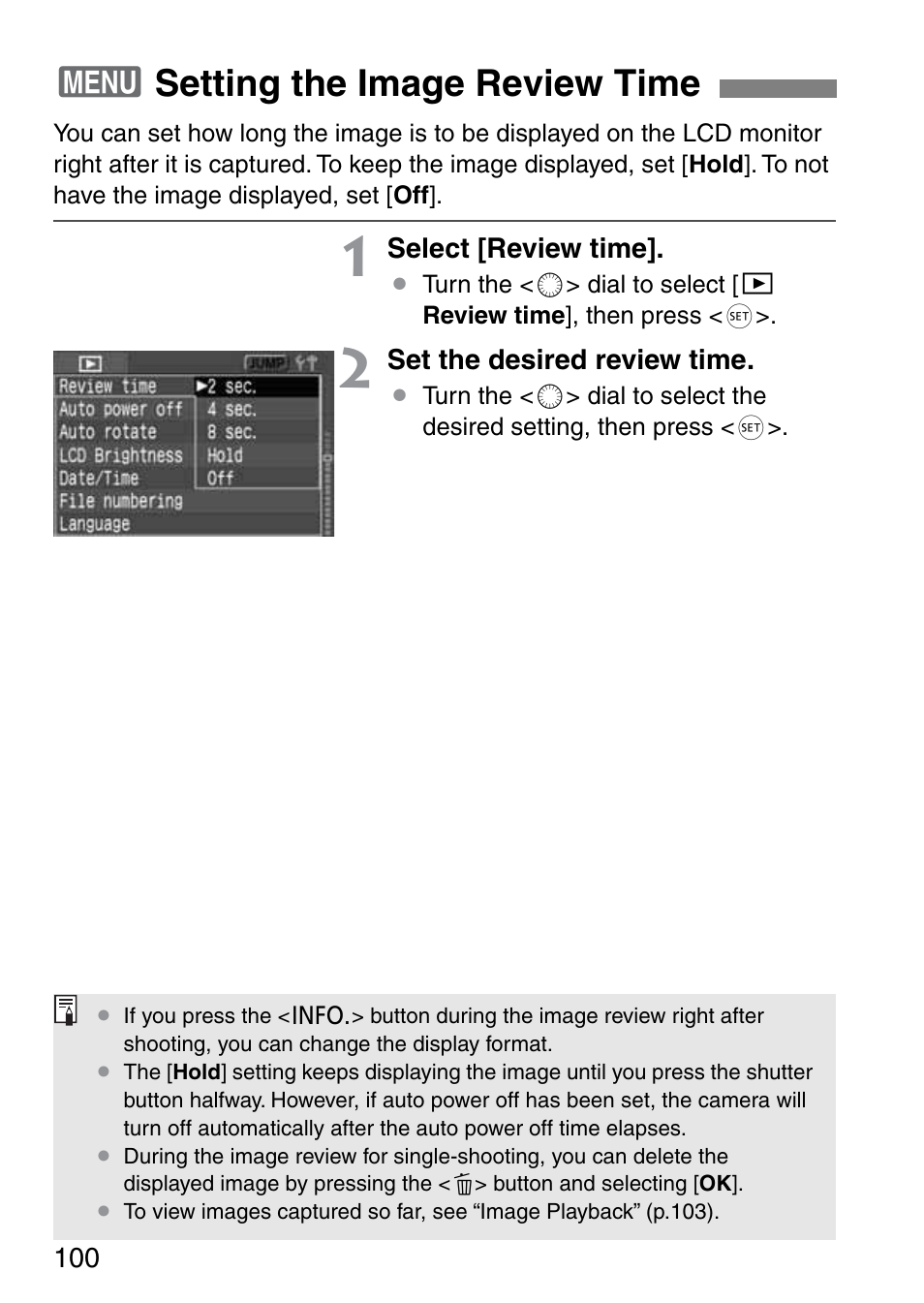 3setting the image review time | Canon EOS 20D User Manual | Page 100 / 168