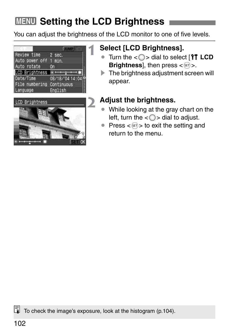 3setting the lcd brightness | Canon EOS 20D User Manual | Page 102 / 168