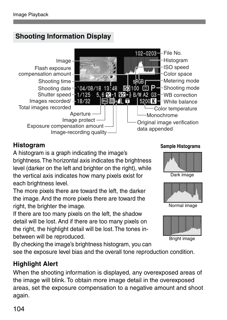 Shooting information display, Histogram, Highlight alert | Canon EOS 20D User Manual | Page 104 / 168