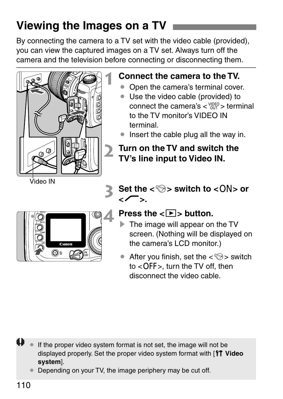 Viewing the images on a tv | Canon EOS 20D User Manual | Page 110 / 168