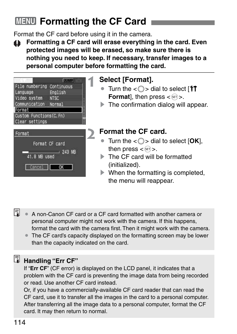 3formatting the cf card | Canon EOS 20D User Manual | Page 114 / 168