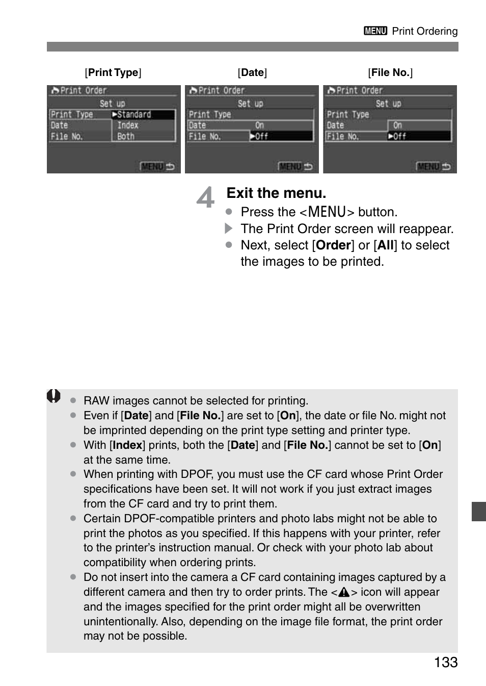 Exit the menu | Canon EOS 20D User Manual | Page 133 / 168