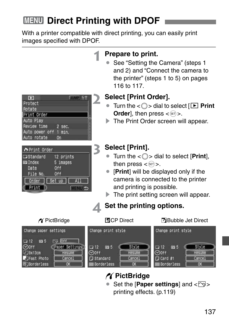 3direct printing with dpof | Canon EOS 20D User Manual | Page 137 / 168