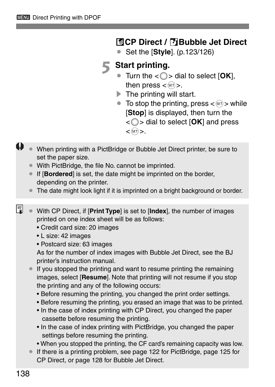 138 a cp direct / s bubble jet direct, Start printing | Canon EOS 20D User Manual | Page 138 / 168