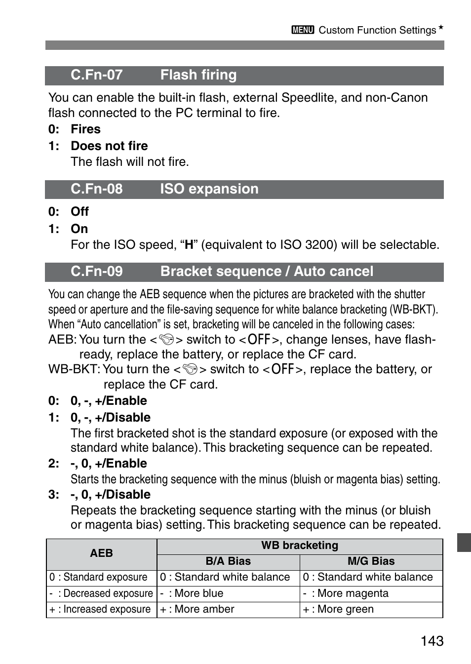 C.fn-07 flash ﬁring, C.fn-08 iso expansion, C.fn-09 bracket sequence / auto cancel | Canon EOS 20D User Manual | Page 143 / 168