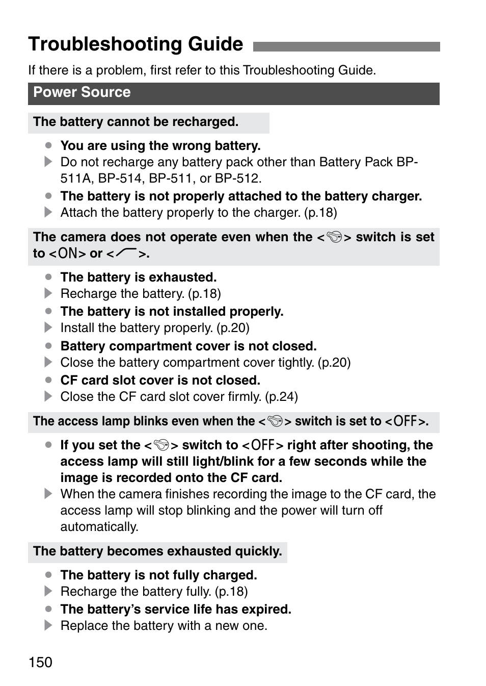 Troubleshooting guide | Canon EOS 20D User Manual | Page 150 / 168