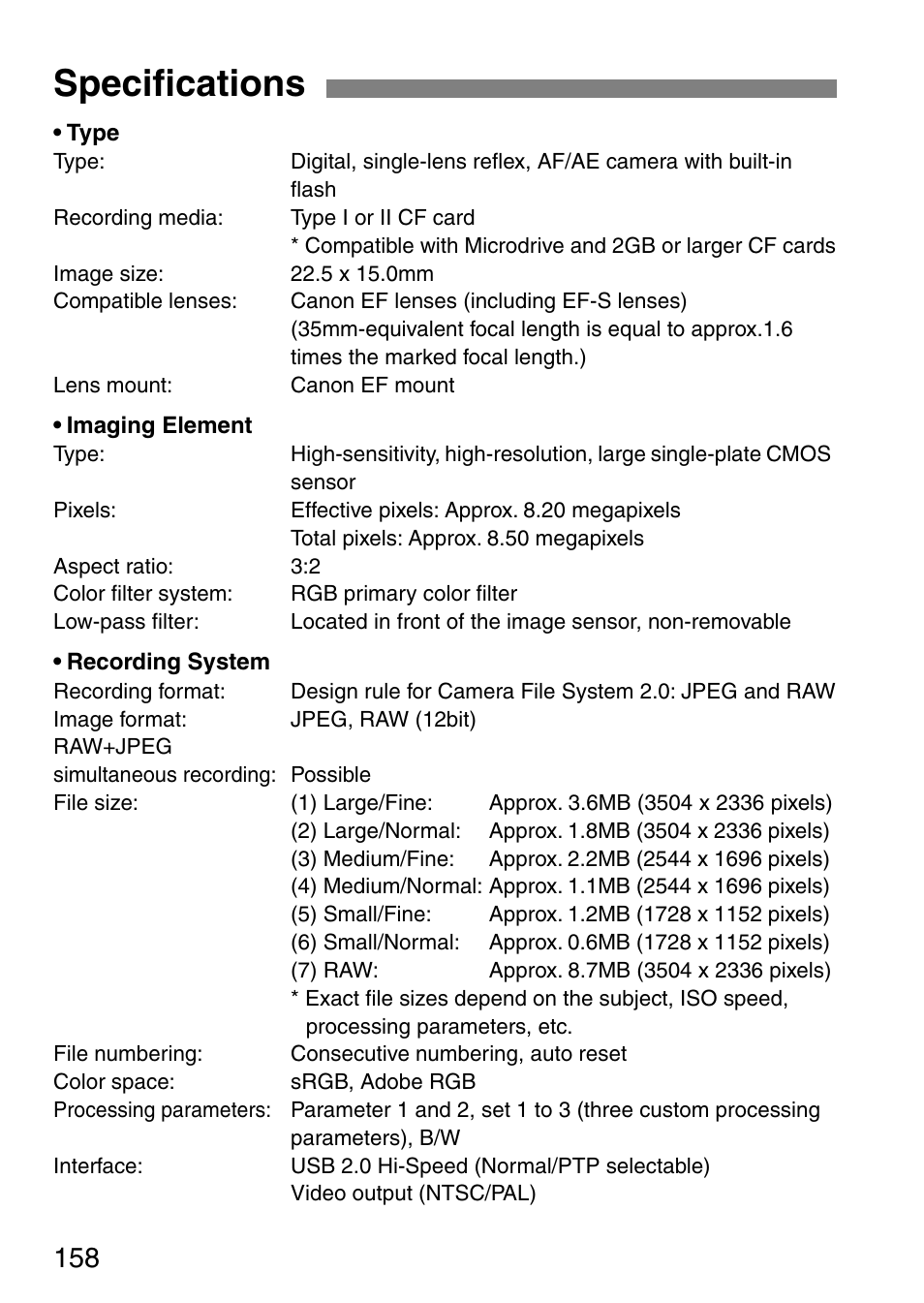 Specifications | Canon EOS 20D User Manual | Page 158 / 168