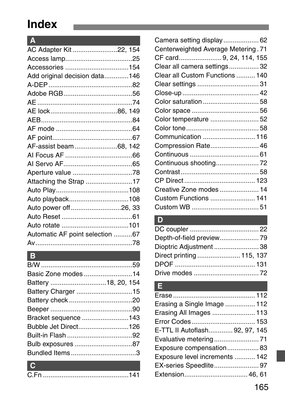 Index | Canon EOS 20D User Manual | Page 165 / 168