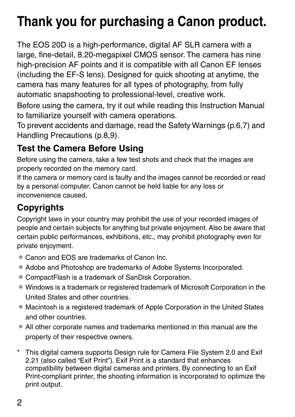 Test the camera before using, Copyrights | Canon EOS 20D User Manual | Page 2 / 168
