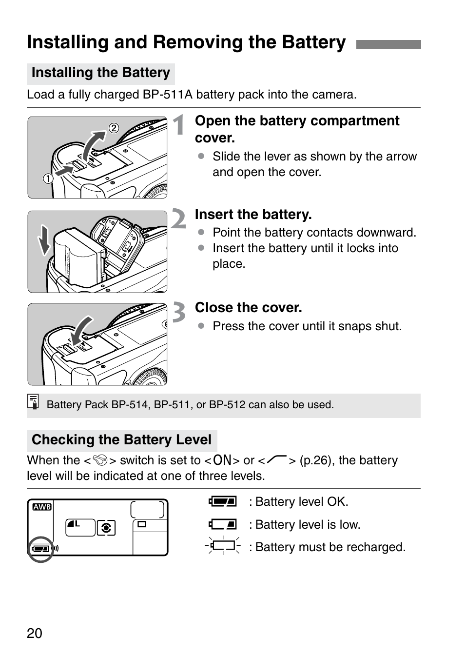 Installing and removing the battery | Canon EOS 20D User Manual | Page 20 / 168