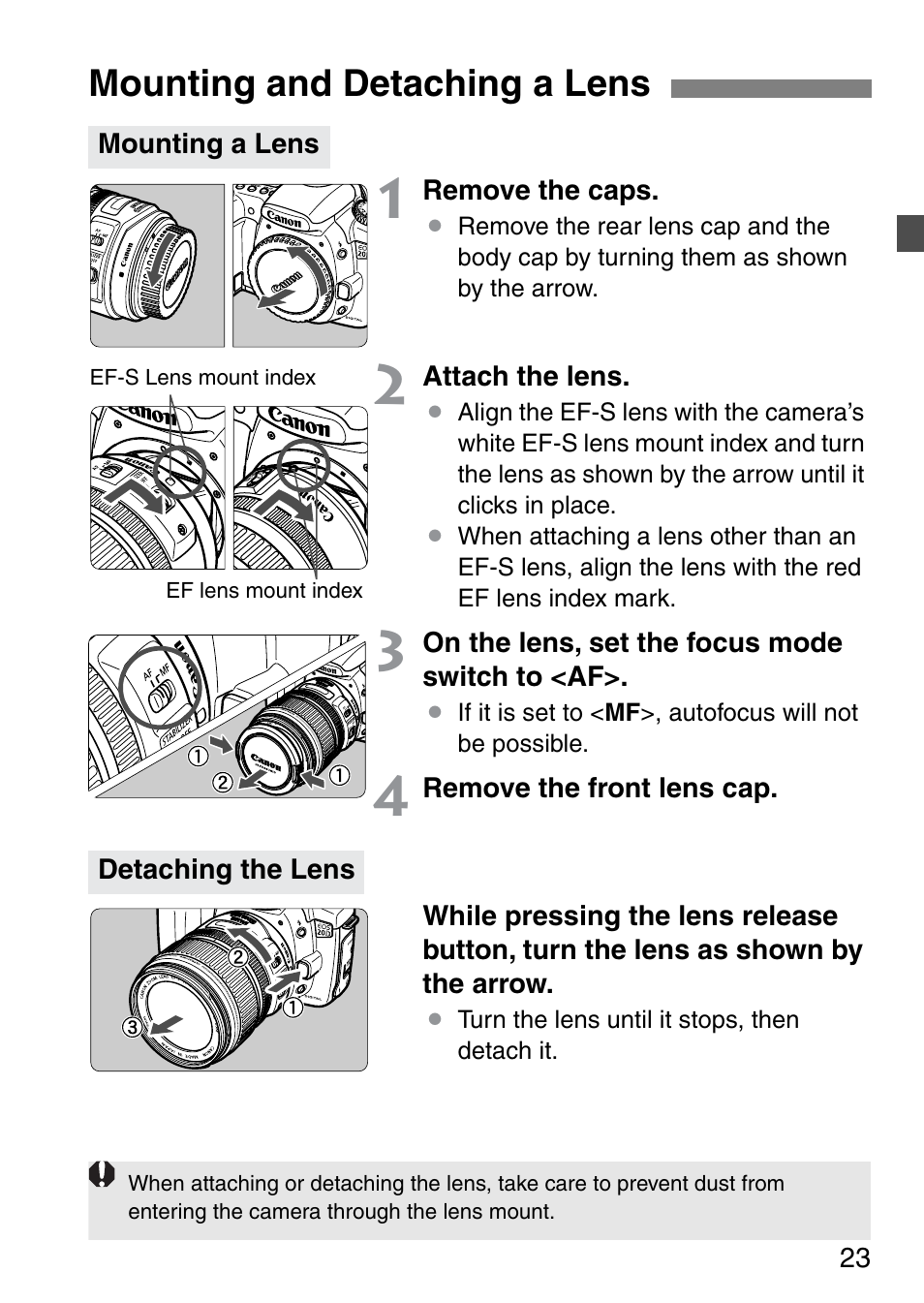 Mounting and detaching a lens | Canon EOS 20D User Manual | Page 23 / 168