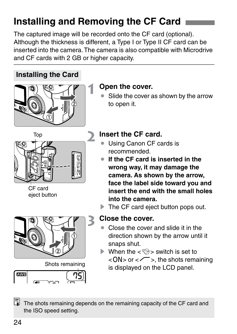 Installing and removing the cf card | Canon EOS 20D User Manual | Page 24 / 168