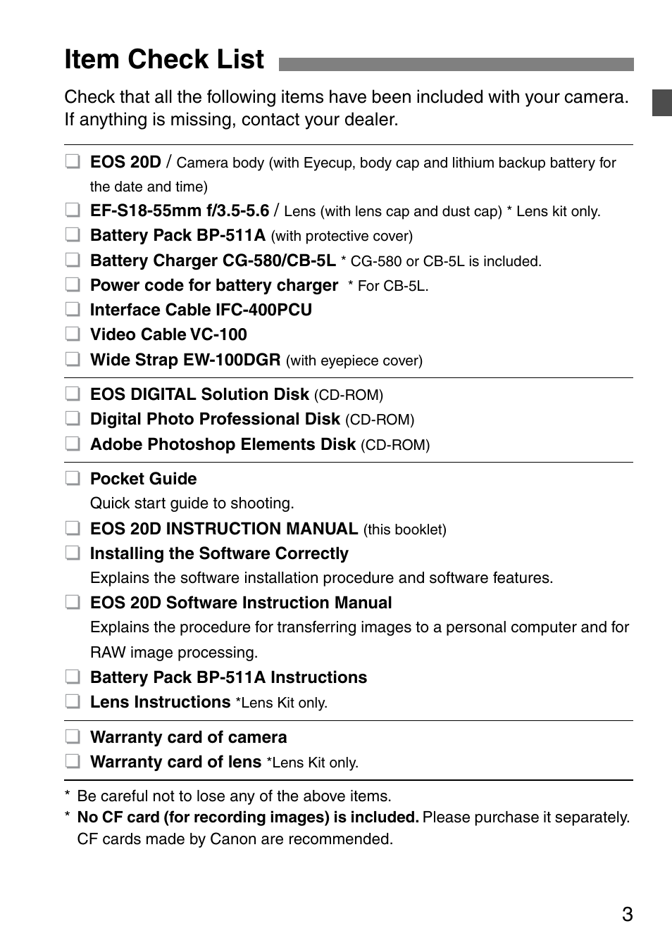 Item check list | Canon EOS 20D User Manual | Page 3 / 168