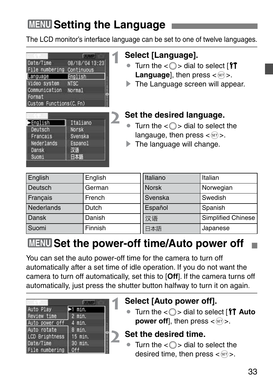 3setting the language, 3set the power-off time/auto power off | Canon EOS 20D User Manual | Page 33 / 168