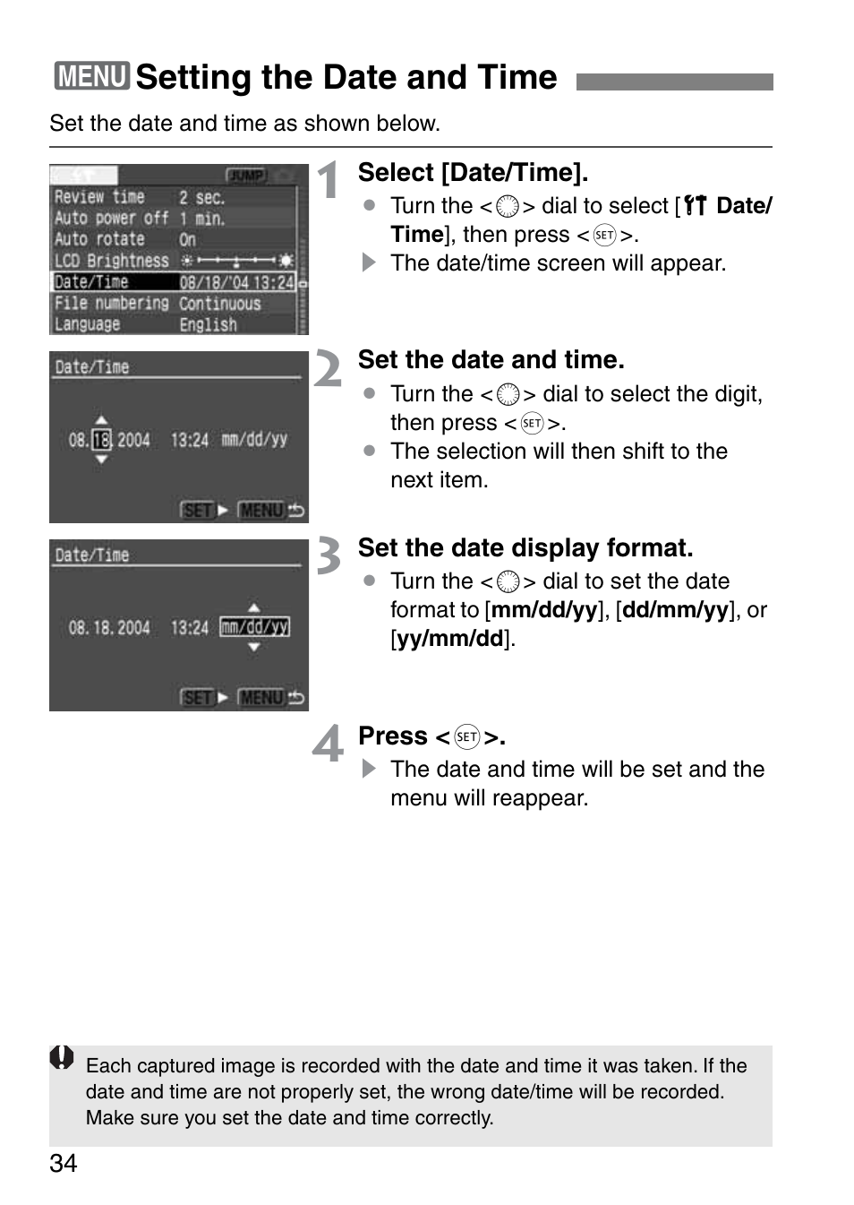 3setting the date and time | Canon EOS 20D User Manual | Page 34 / 168