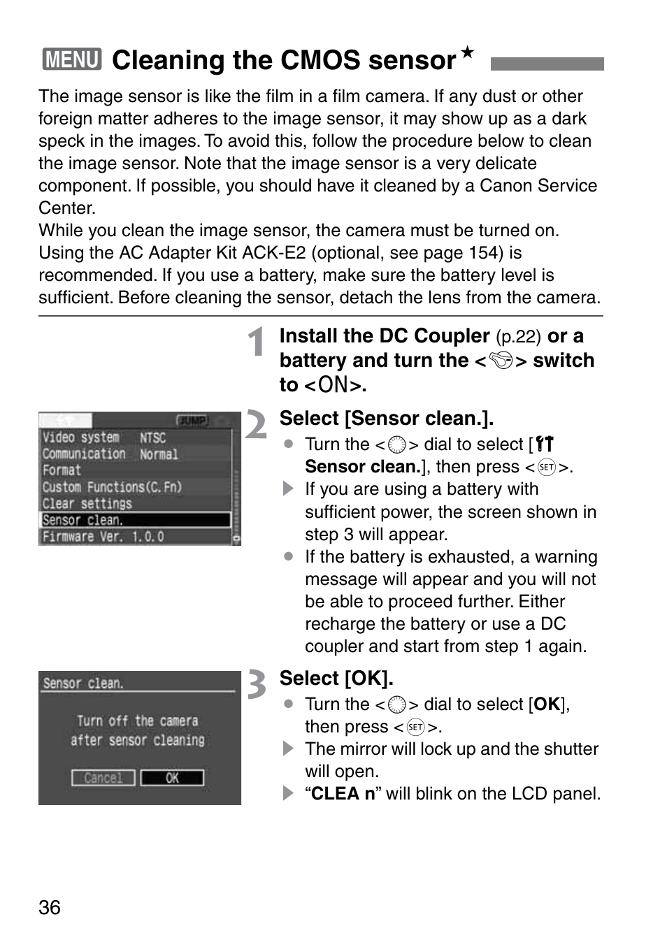 3cleaning the cmos sensor n | Canon EOS 20D User Manual | Page 36 / 168
