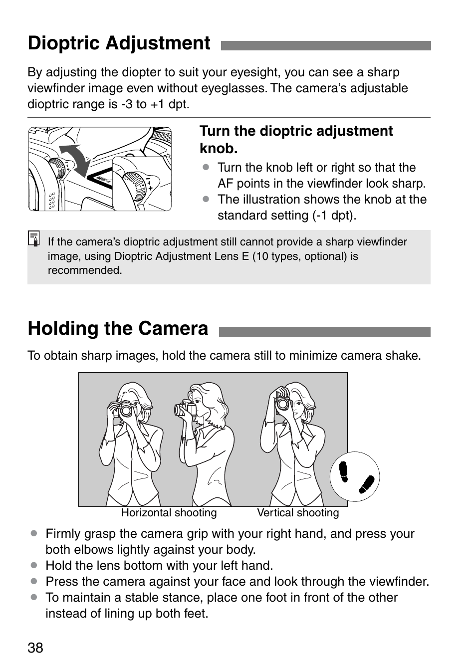 Dioptric adjustment, Holding the camera | Canon EOS 20D User Manual | Page 38 / 168
