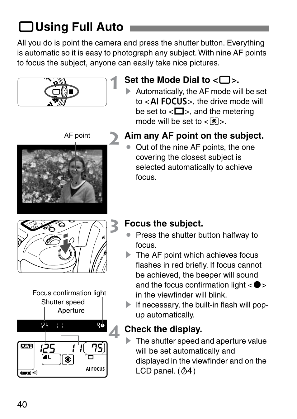 1 using full auto | Canon EOS 20D User Manual | Page 40 / 168