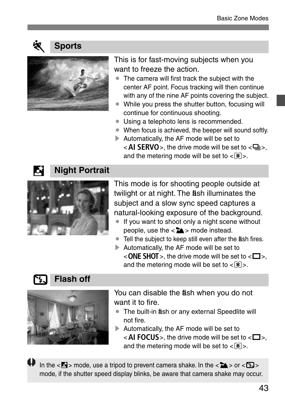 Sports, Night portrait, Flash off | Canon EOS 20D User Manual | Page 43 / 168