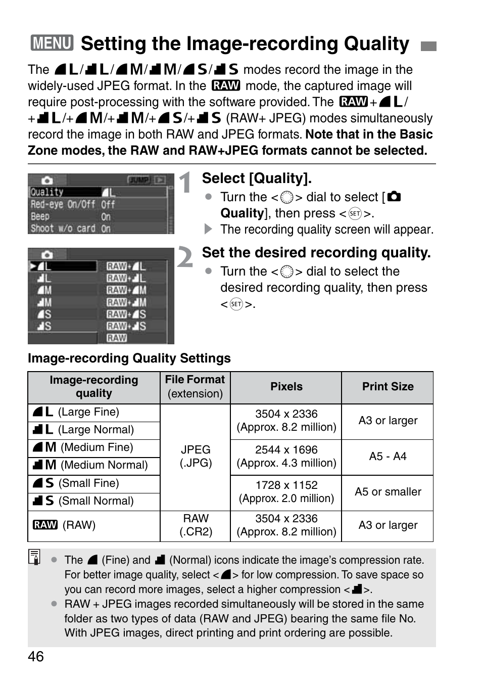 3setting the image-recording quality | Canon EOS 20D User Manual | Page 46 / 168