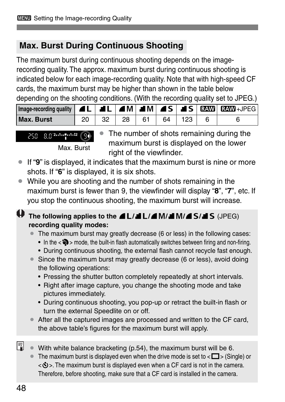Max. burst during continuous shooting | Canon EOS 20D User Manual | Page 48 / 168