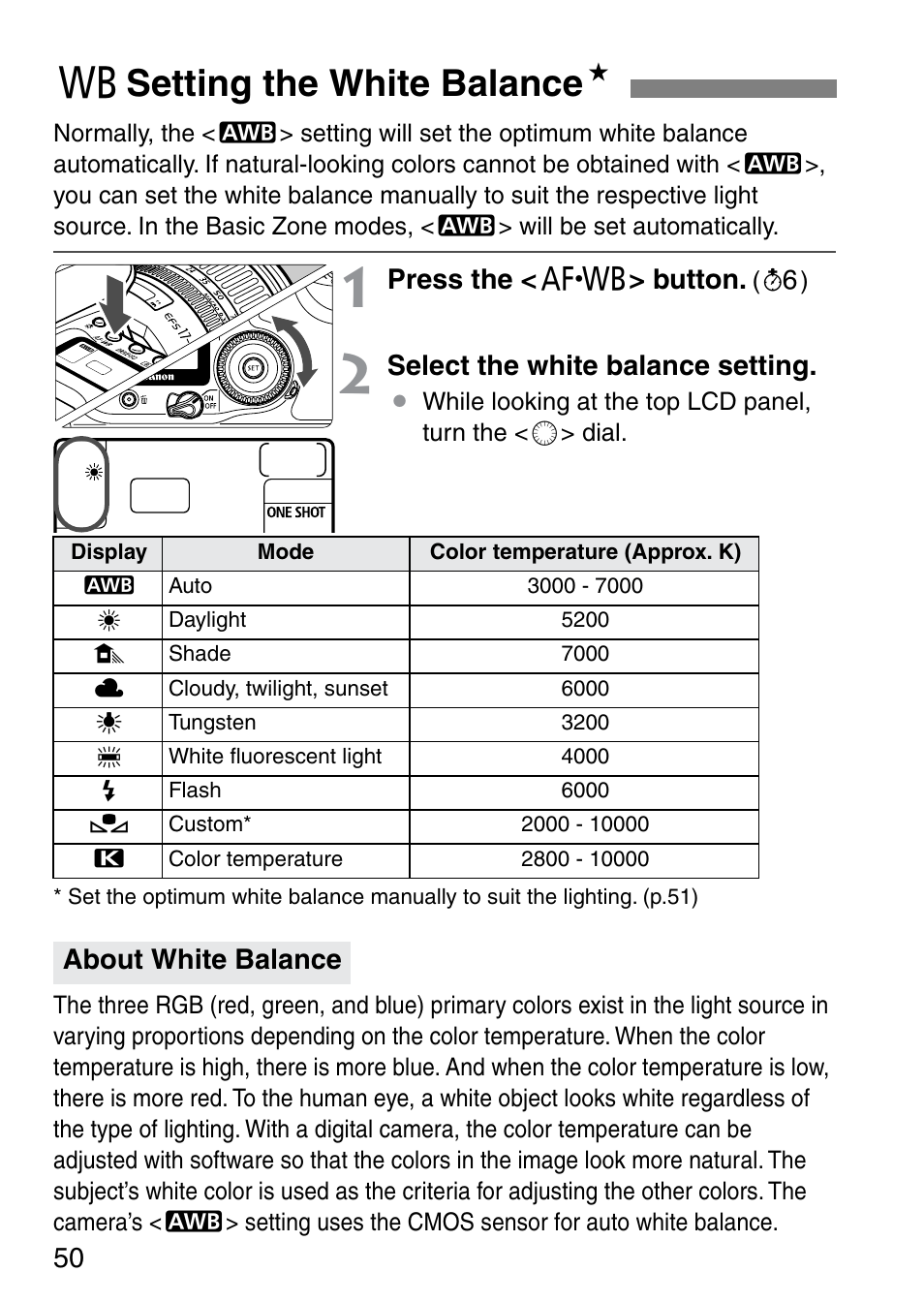 B setting the white balance n | Canon EOS 20D User Manual | Page 50 / 168