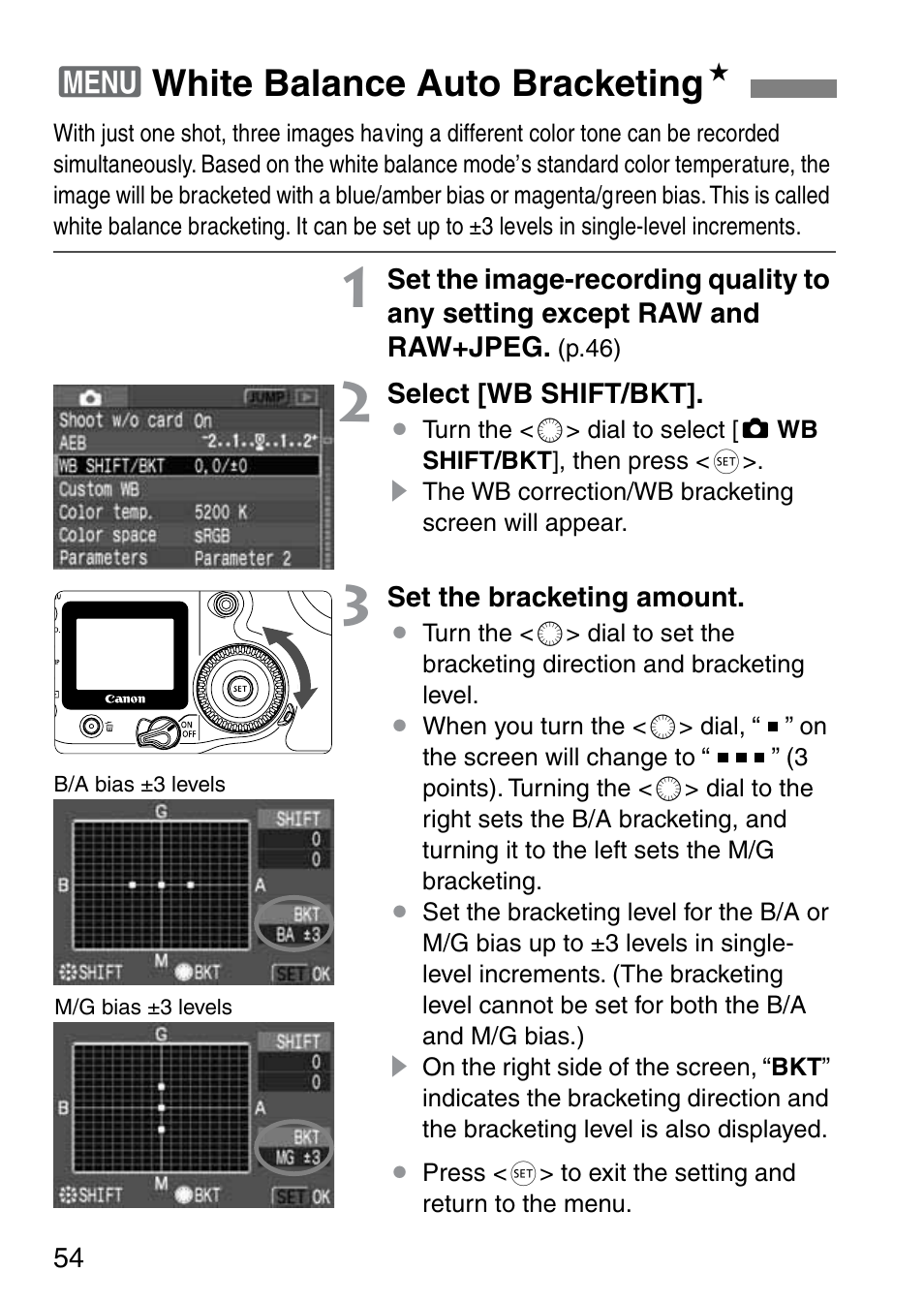 3white balance auto bracketing n | Canon EOS 20D User Manual | Page 54 / 168