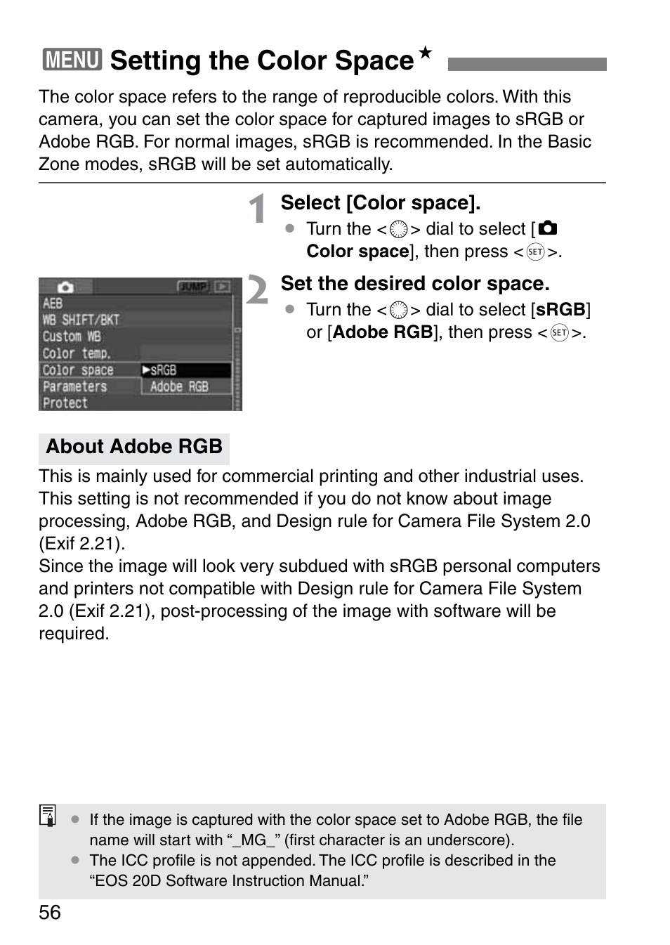 3setting the color space n | Canon EOS 20D User Manual | Page 56 / 168