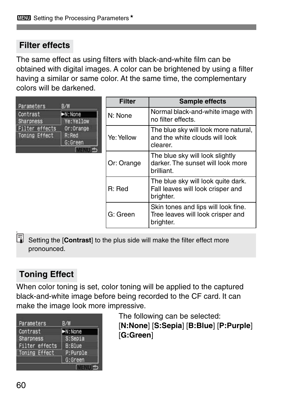 Filter effects, Toning effect | Canon EOS 20D User Manual | Page 60 / 168