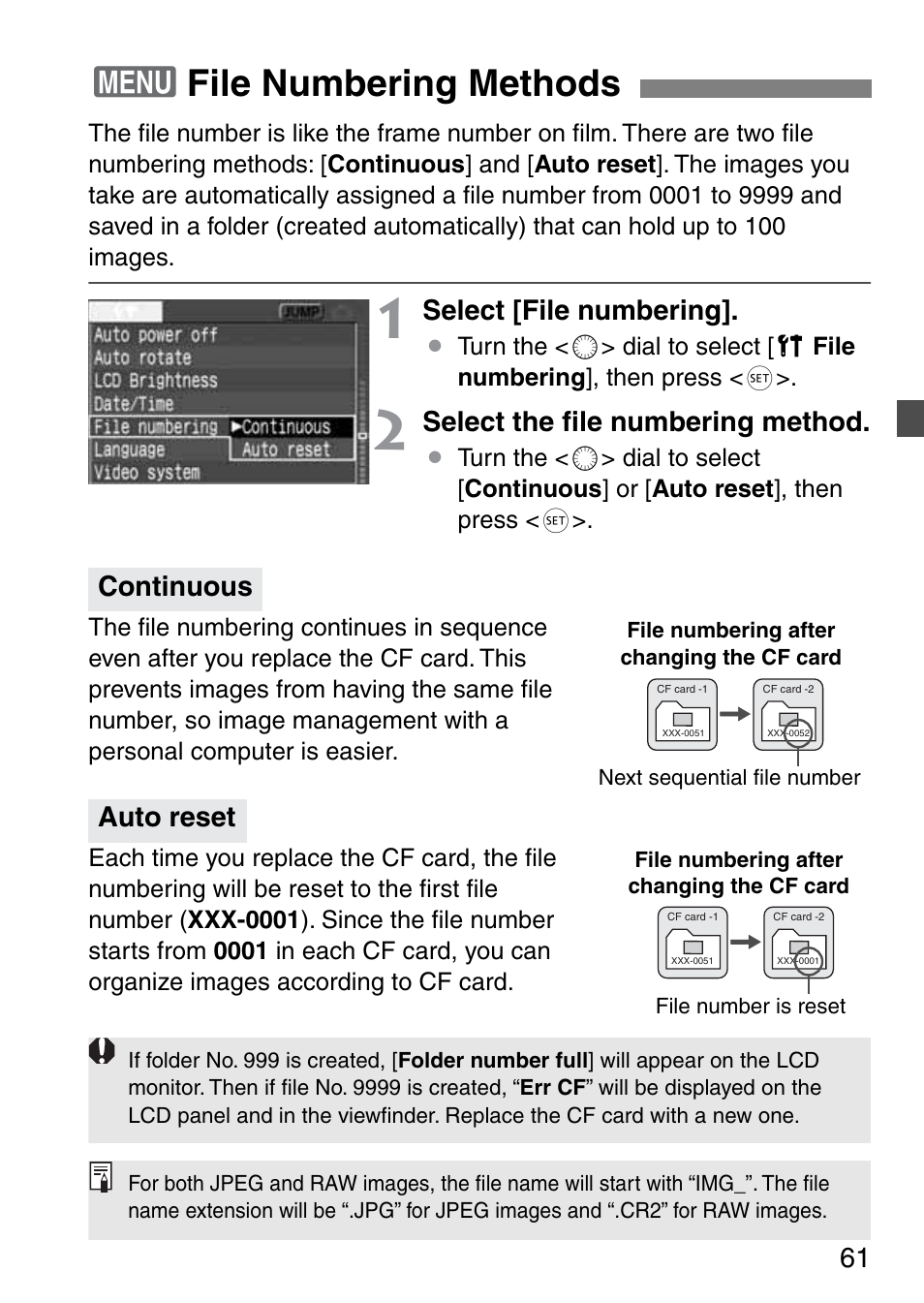 3file numbering methods, Select [file numbering, Select the ﬁle numbering method | Continuous auto reset | Canon EOS 20D User Manual | Page 61 / 168