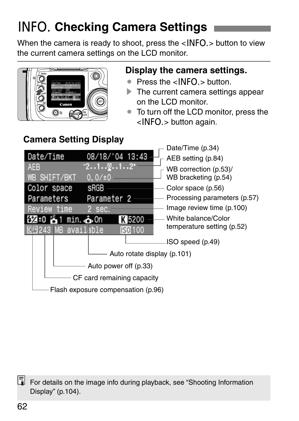 B checking camera settings, Display the camera settings, Camera setting display | Canon EOS 20D User Manual | Page 62 / 168