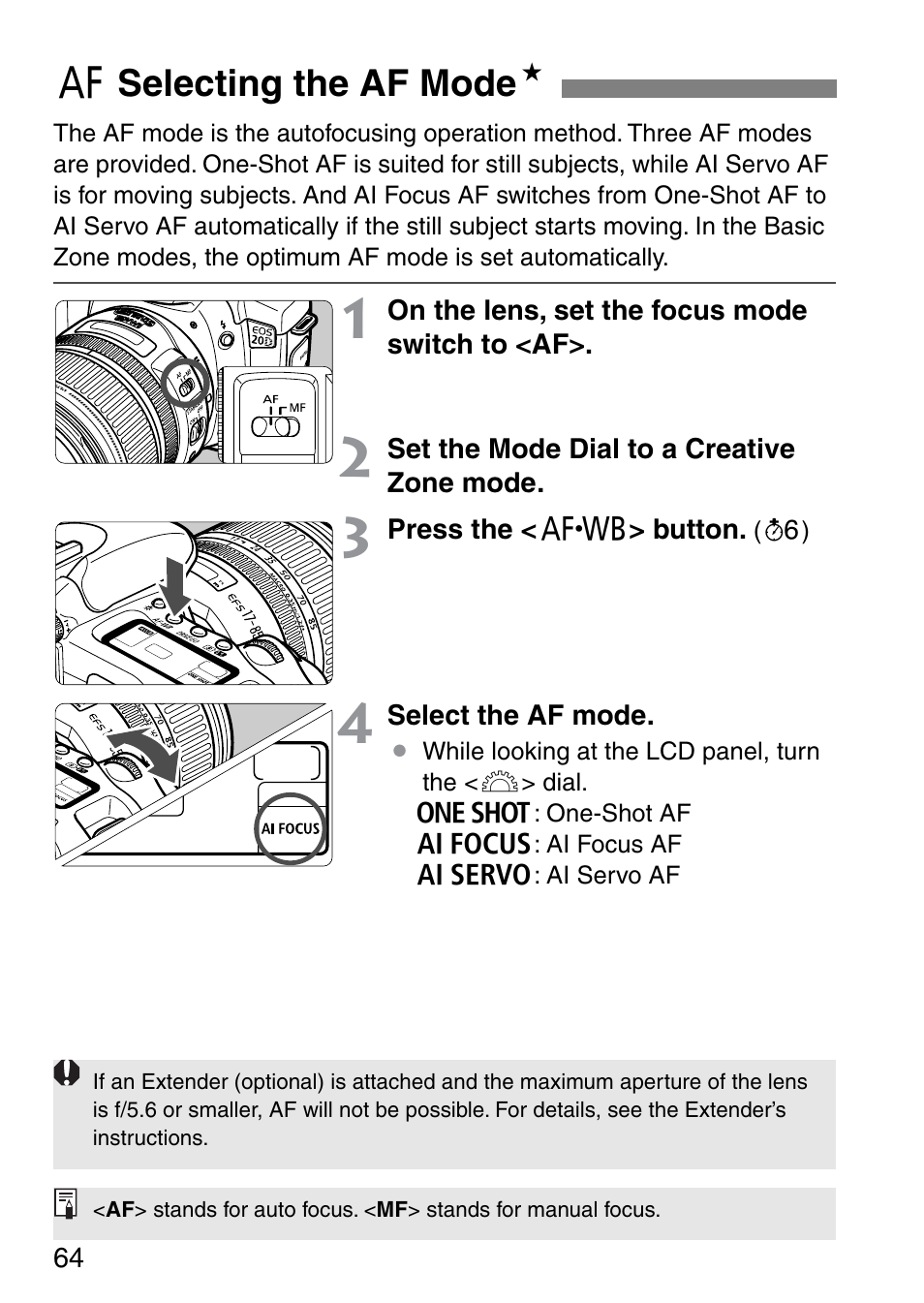 F selecting the af mode n | Canon EOS 20D User Manual | Page 64 / 168