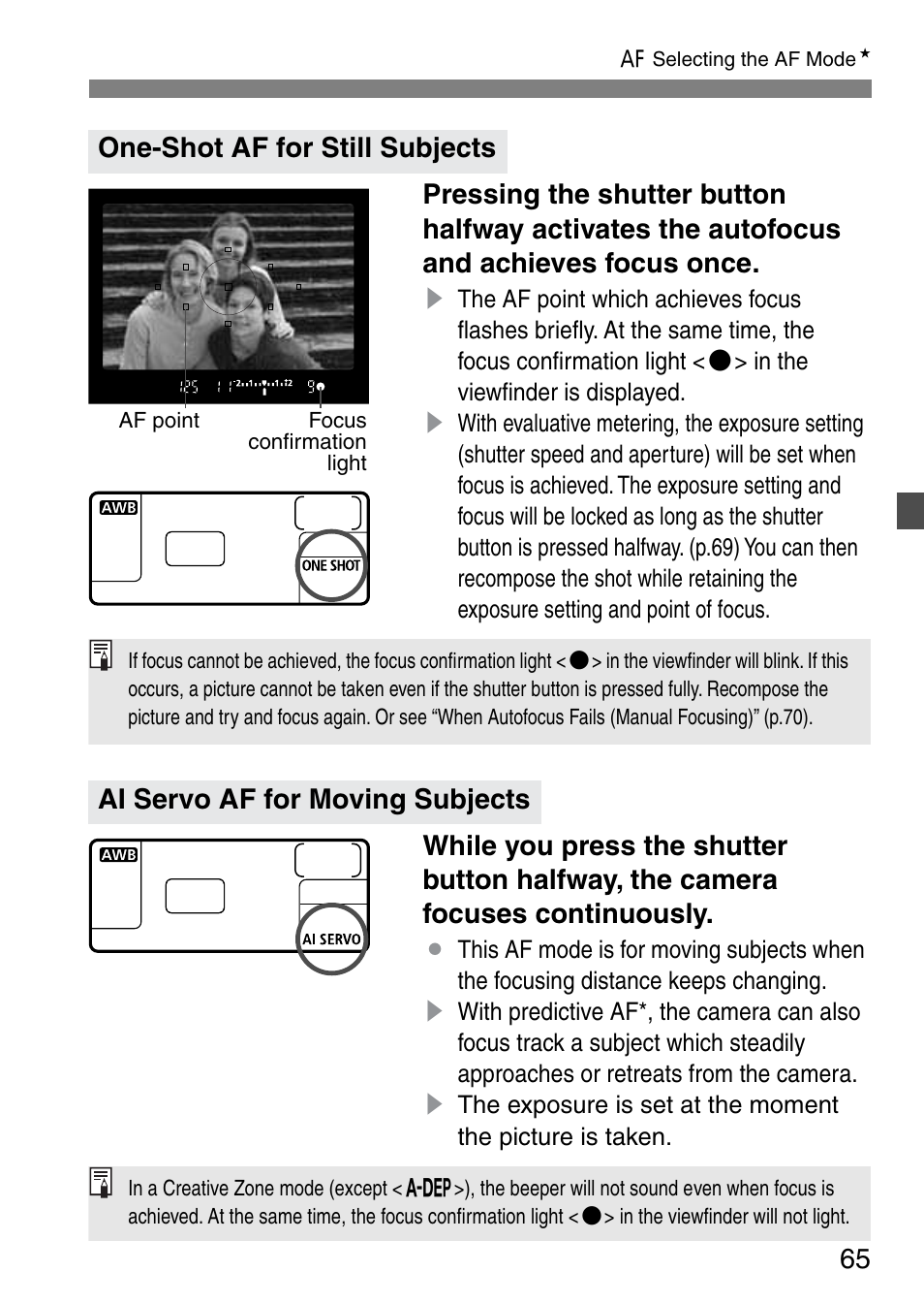 One-shot af for still subjects, Ai servo af for moving subjects | Canon EOS 20D User Manual | Page 65 / 168