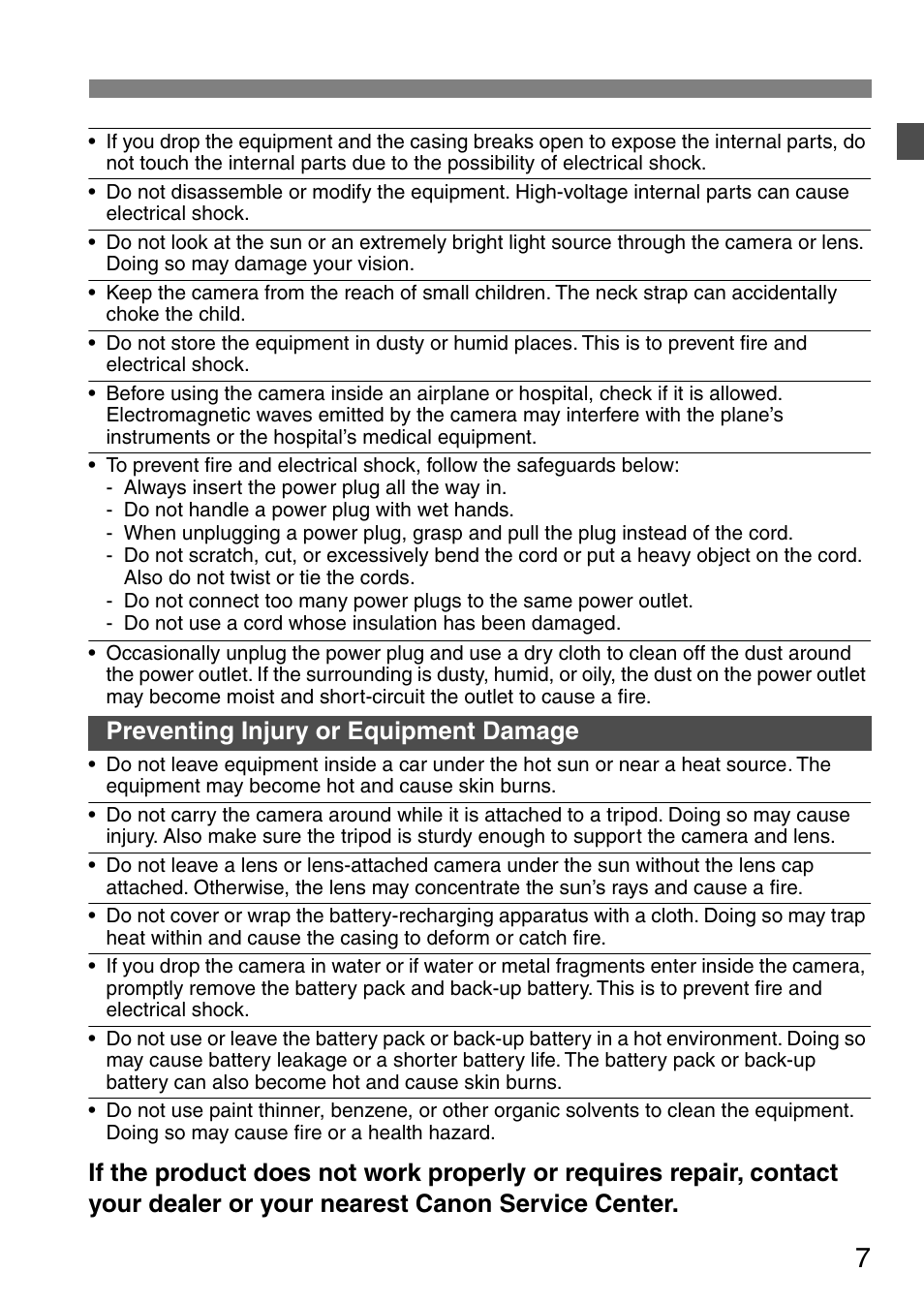 Preventing injury or equipment damage | Canon EOS 20D User Manual | Page 7 / 168