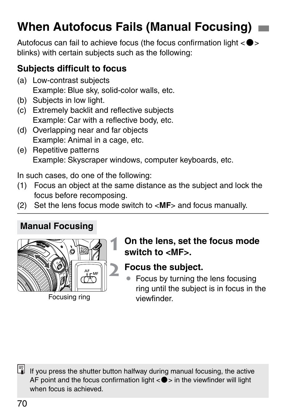 When autofocus fails (manual focusing) | Canon EOS 20D User Manual | Page 70 / 168