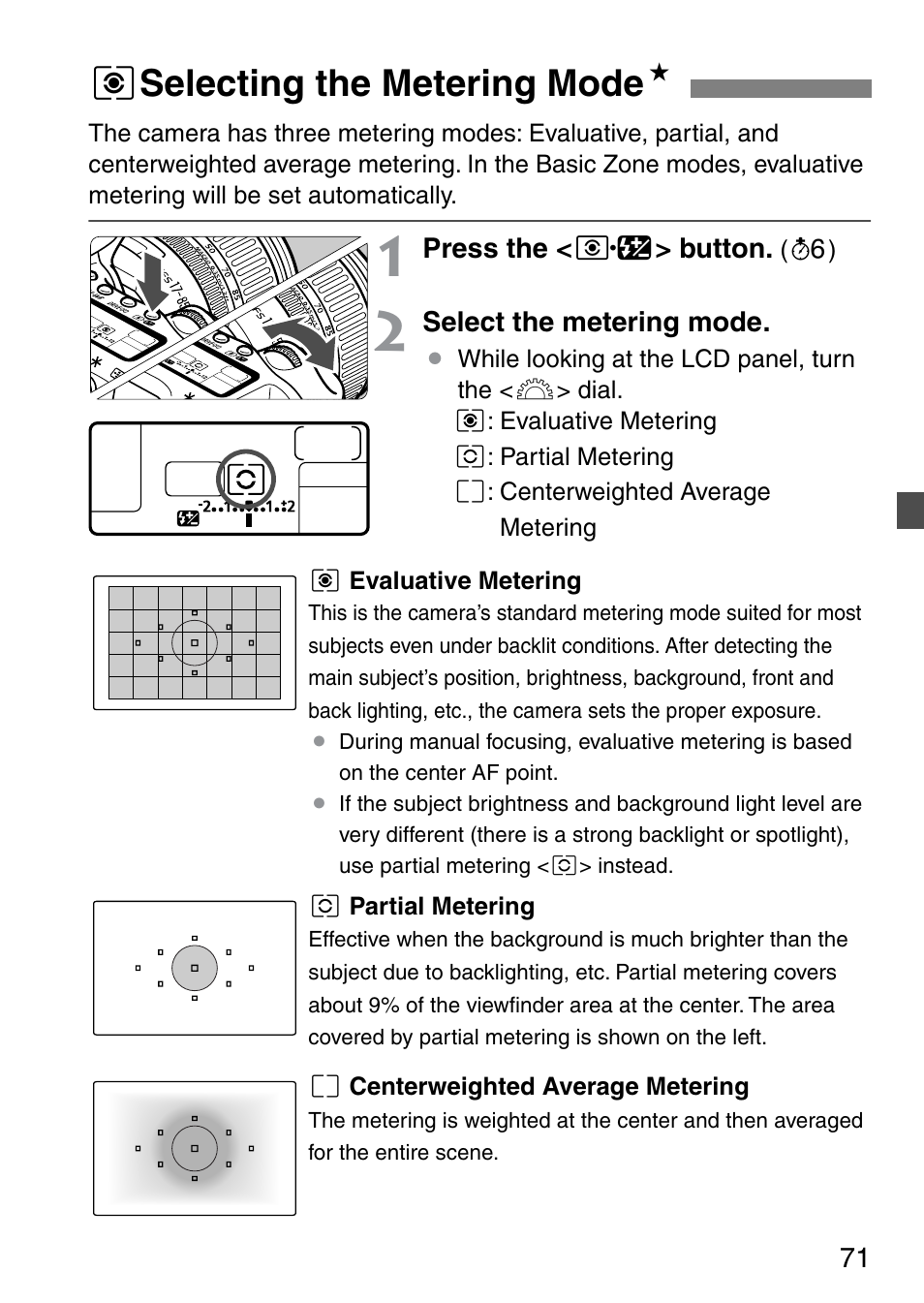 Q selecting the metering mode n | Canon EOS 20D User Manual | Page 71 / 168