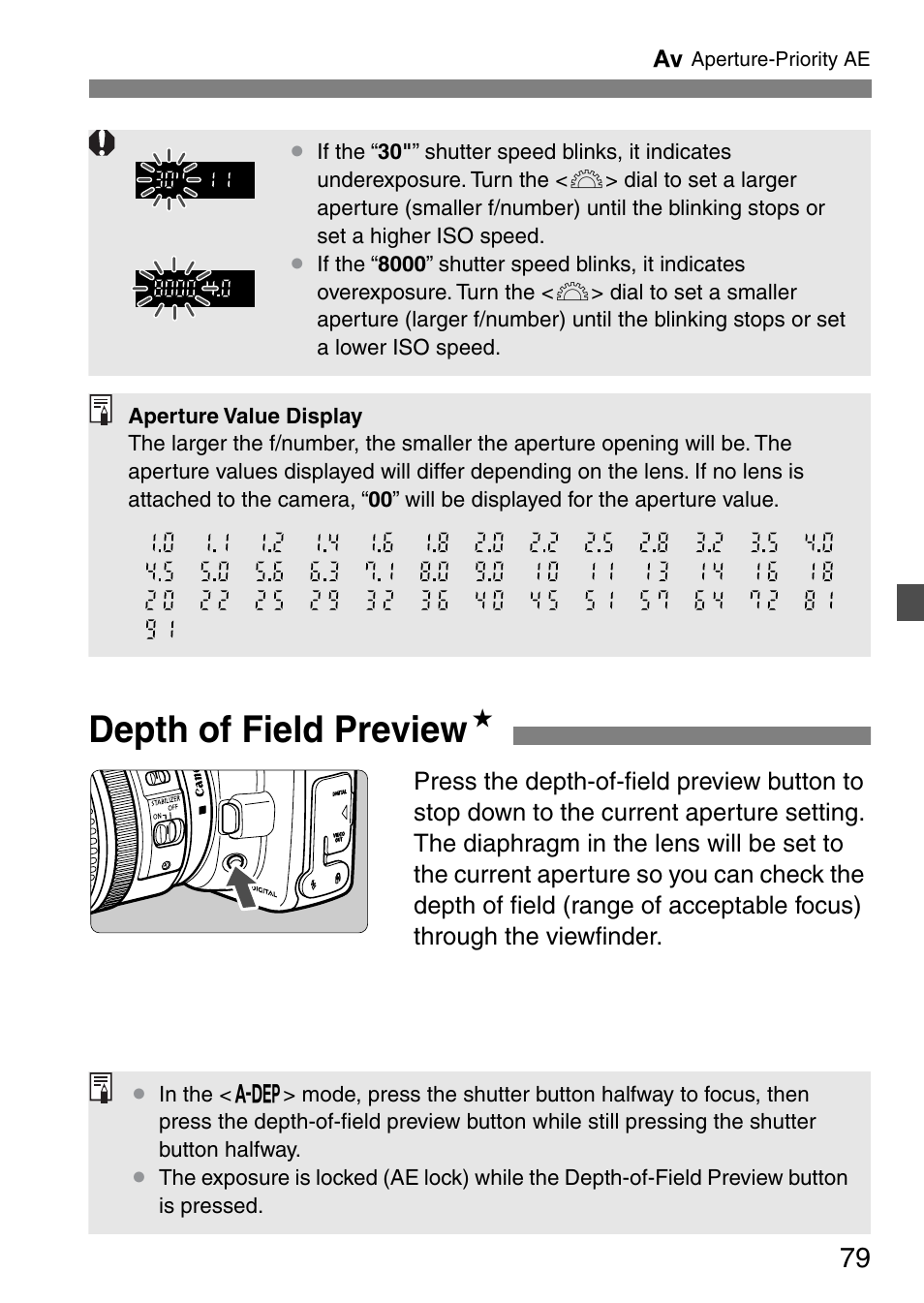 Depth of field preview n | Canon EOS 20D User Manual | Page 79 / 168
