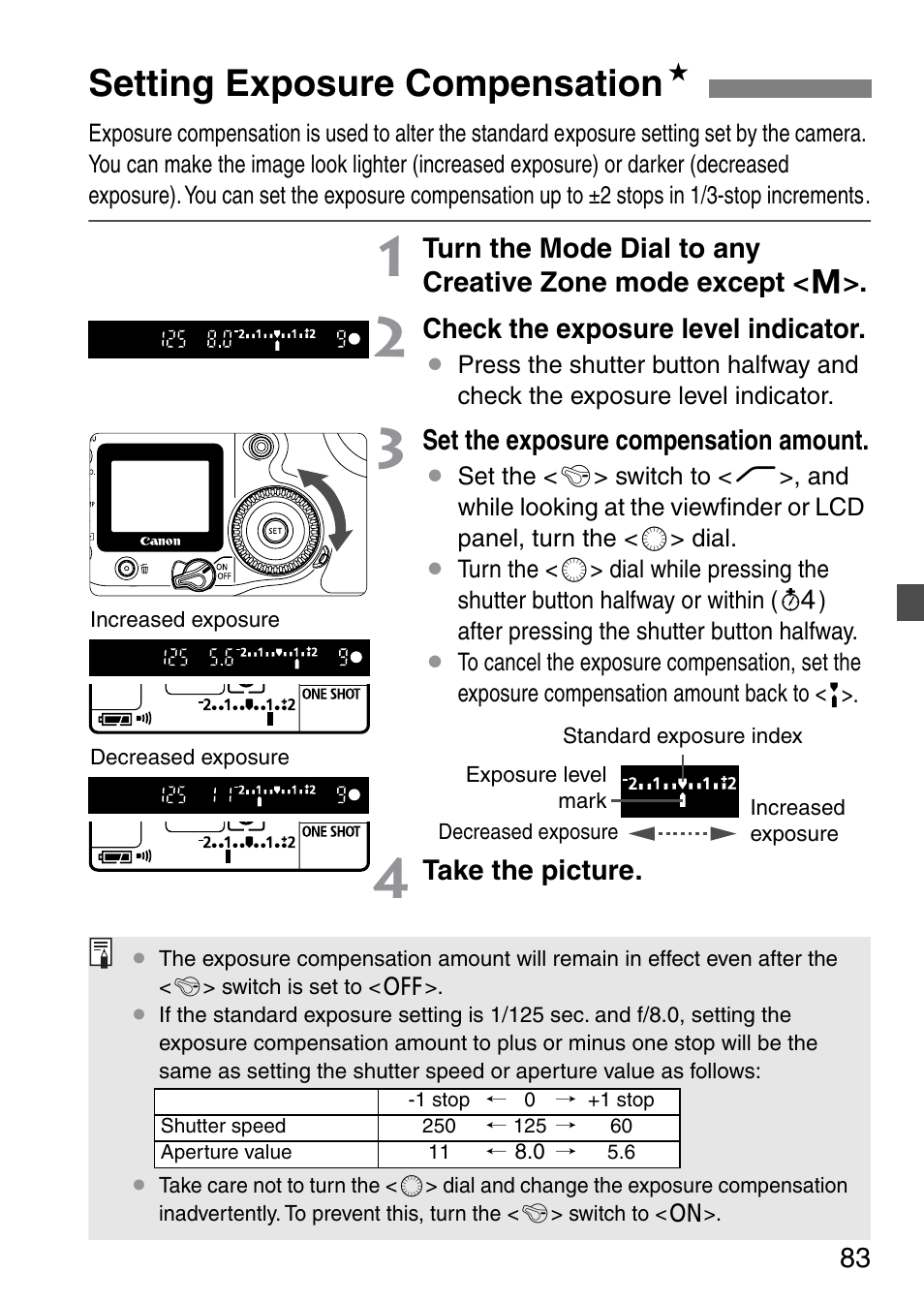 Setting exposure compensation n | Canon EOS 20D User Manual | Page 83 / 168