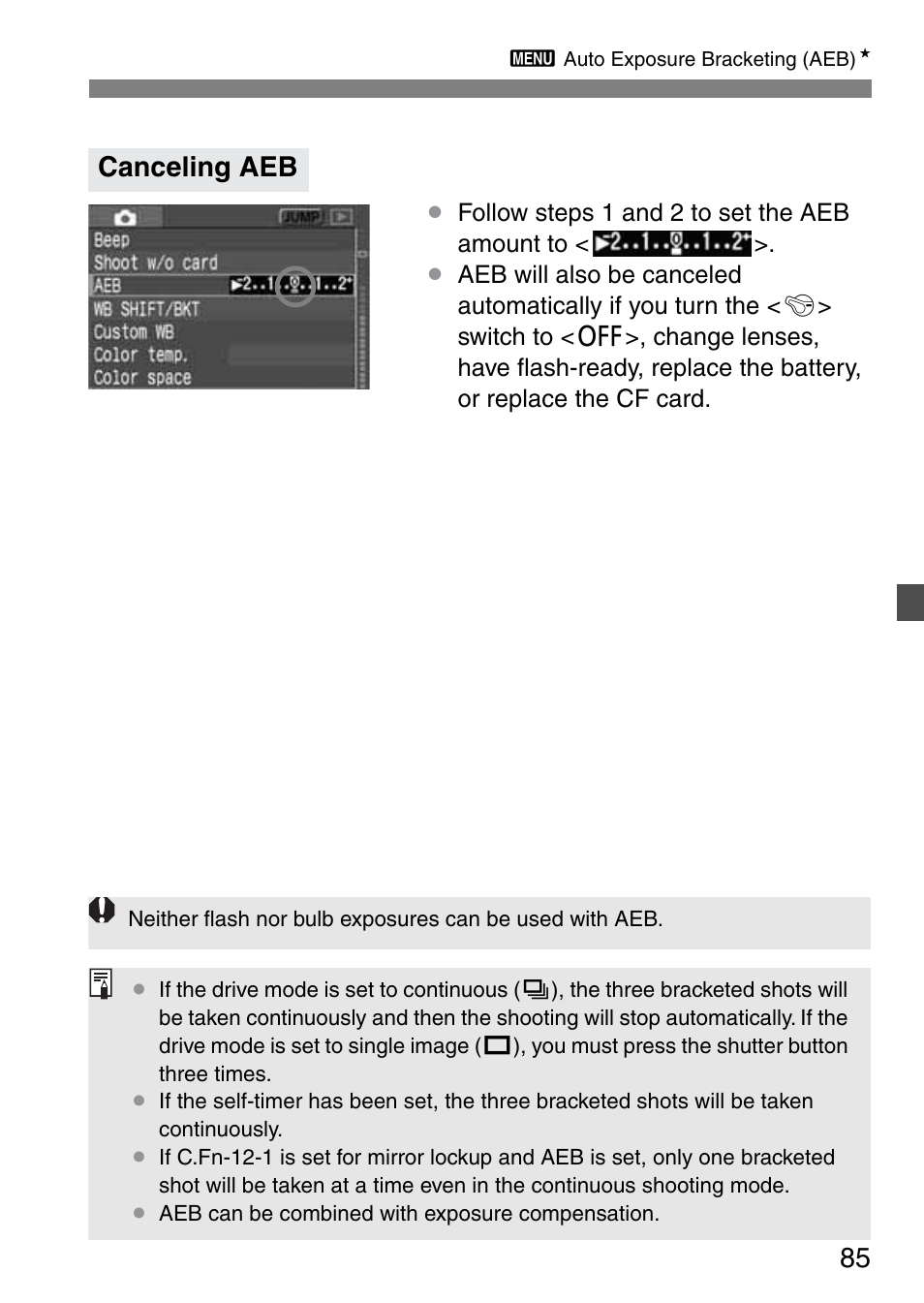 Canceling aeb | Canon EOS 20D User Manual | Page 85 / 168