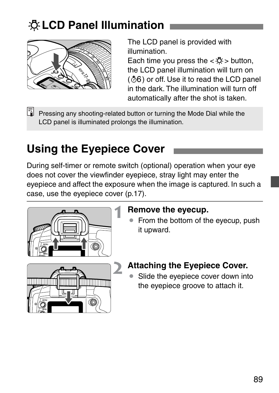 U lcd panel illumination, Using the eyepiece cover | Canon EOS 20D User Manual | Page 89 / 168