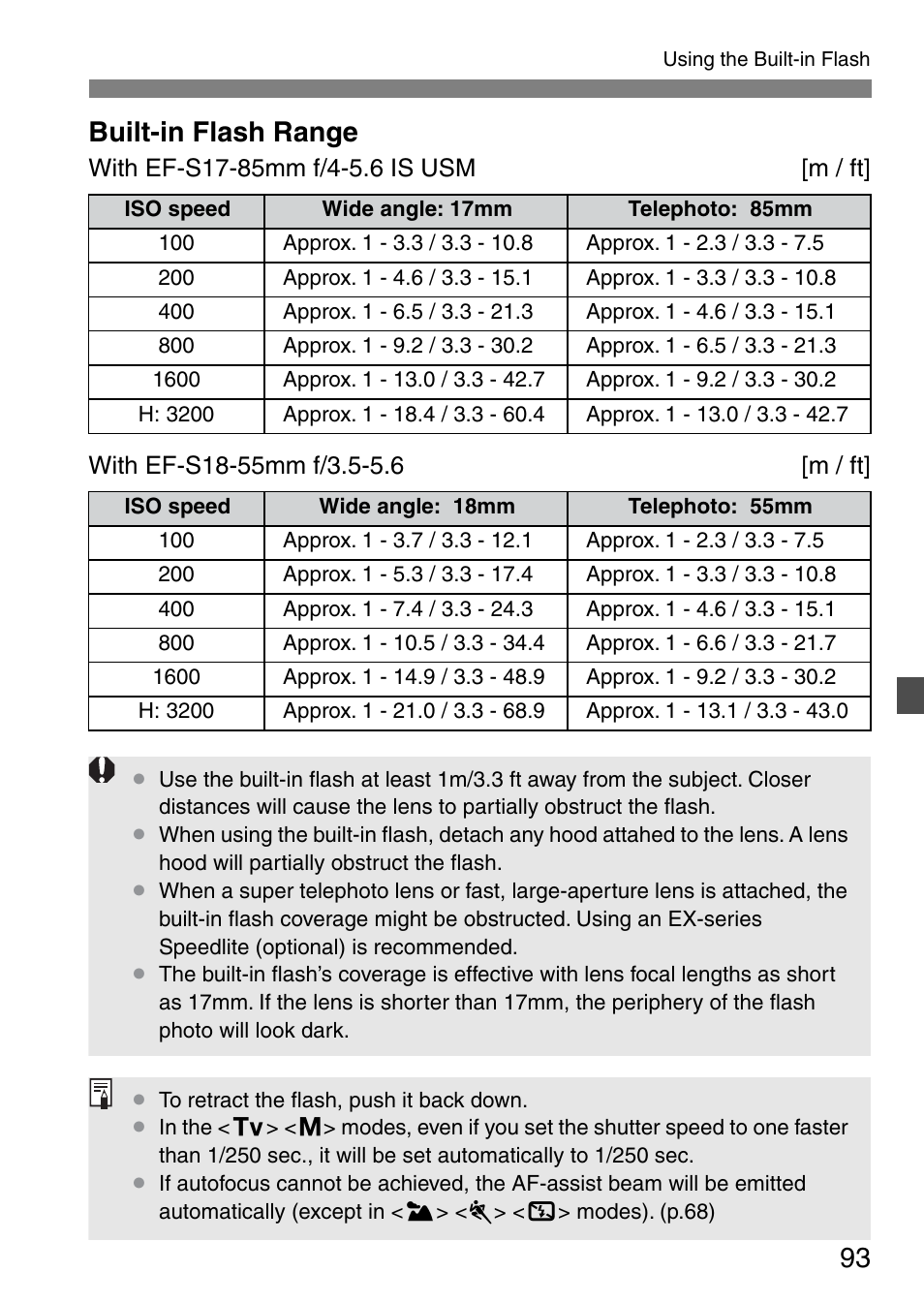 Built-in flash range | Canon EOS 20D User Manual | Page 93 / 168