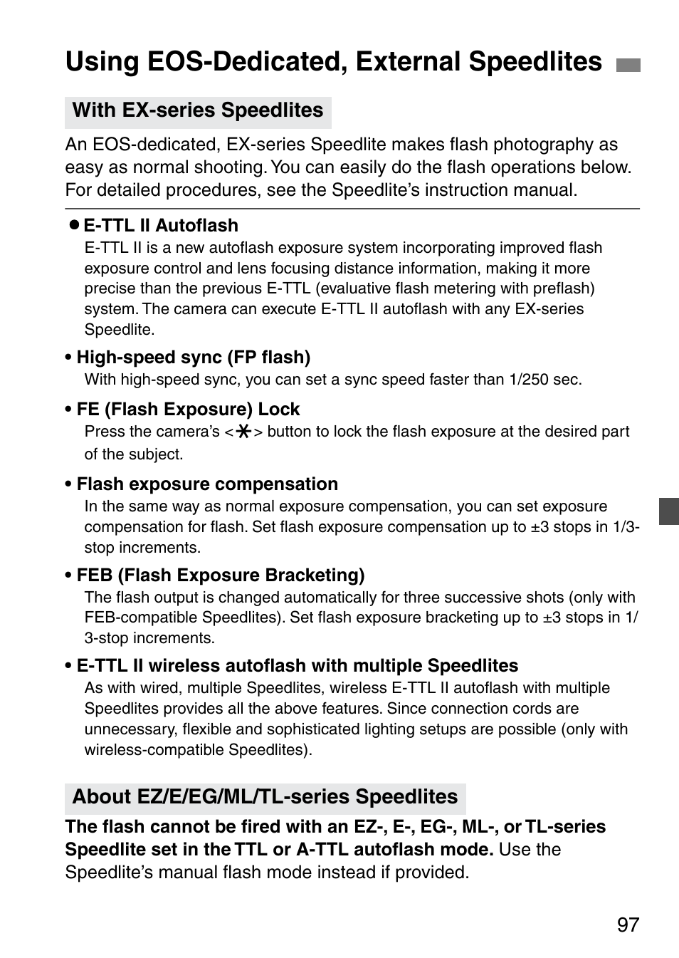 Using eos-dedicated, external speedlites | Canon EOS 20D User Manual | Page 97 / 168