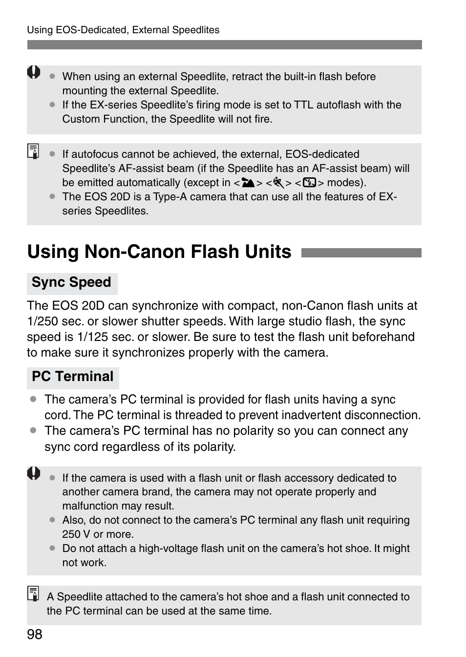 Using non-canon flash units, Sync speed pc terminal | Canon EOS 20D User Manual | Page 98 / 168