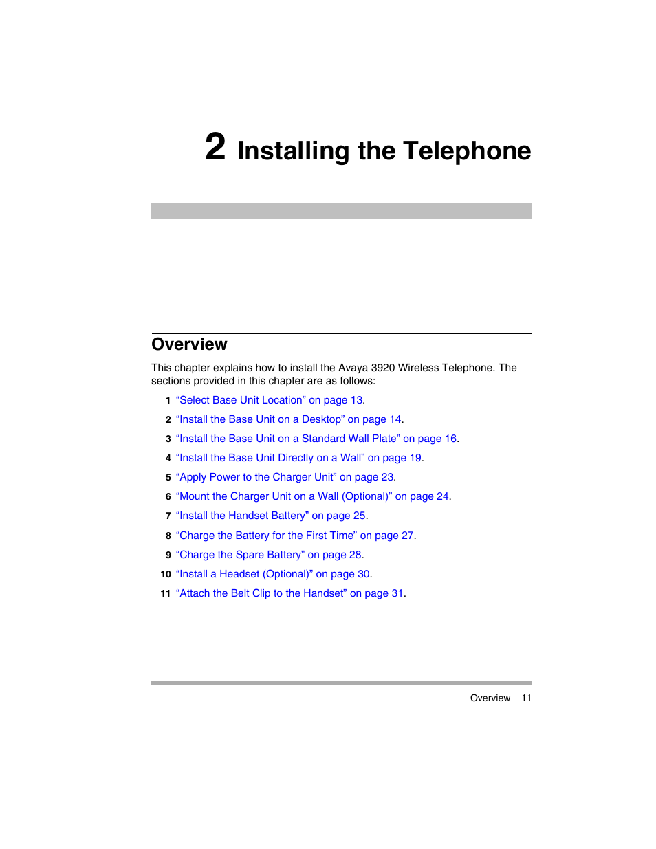 2 installing the telephone, Overview, Chapter 2, “installing the telephone | Installing the telephone | Avaya 3920 Wireless Telephone User Manual | Page 11 / 60