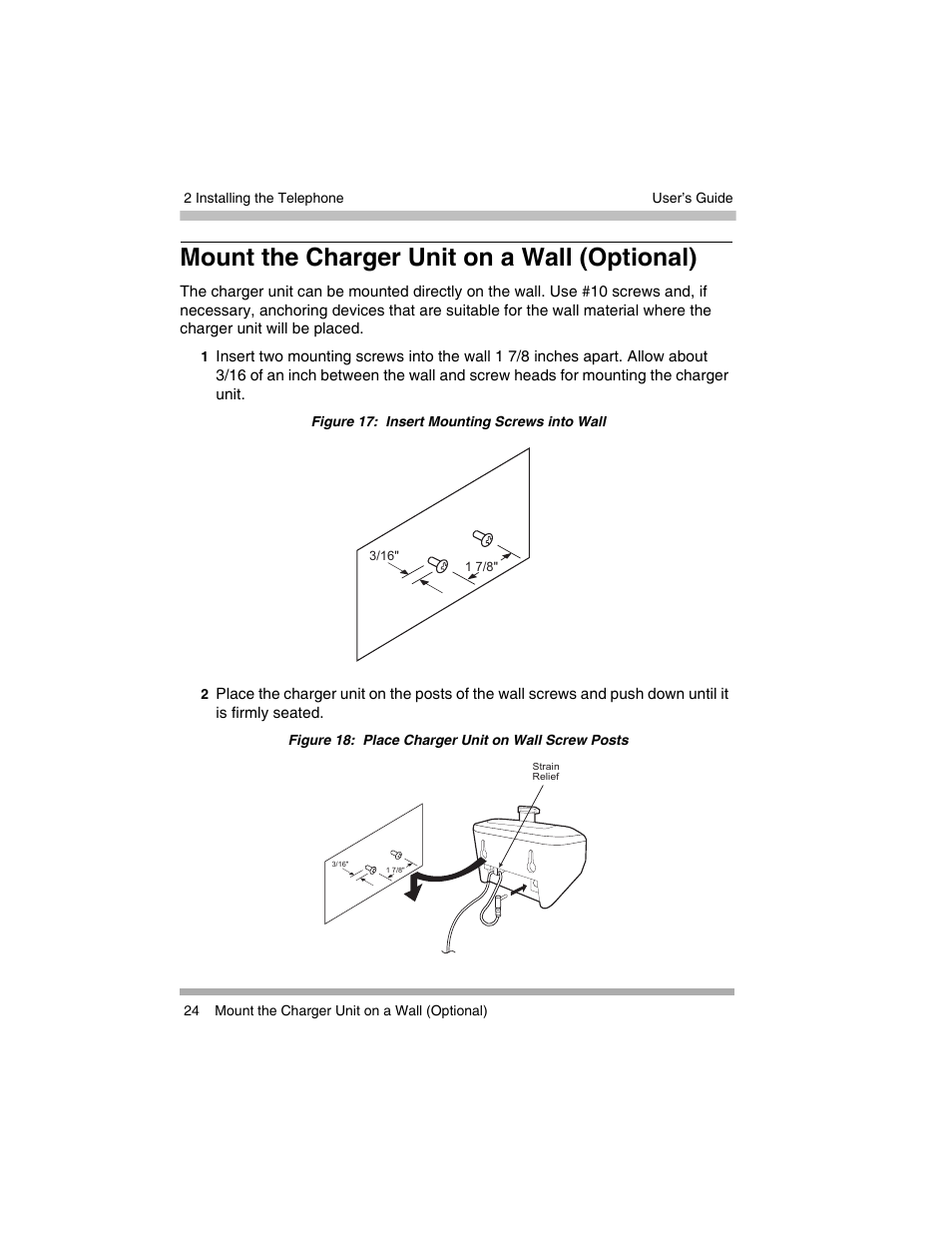 Mount the charger unit on a wall (optional), Mount the charger | Avaya 3920 Wireless Telephone User Manual | Page 24 / 60